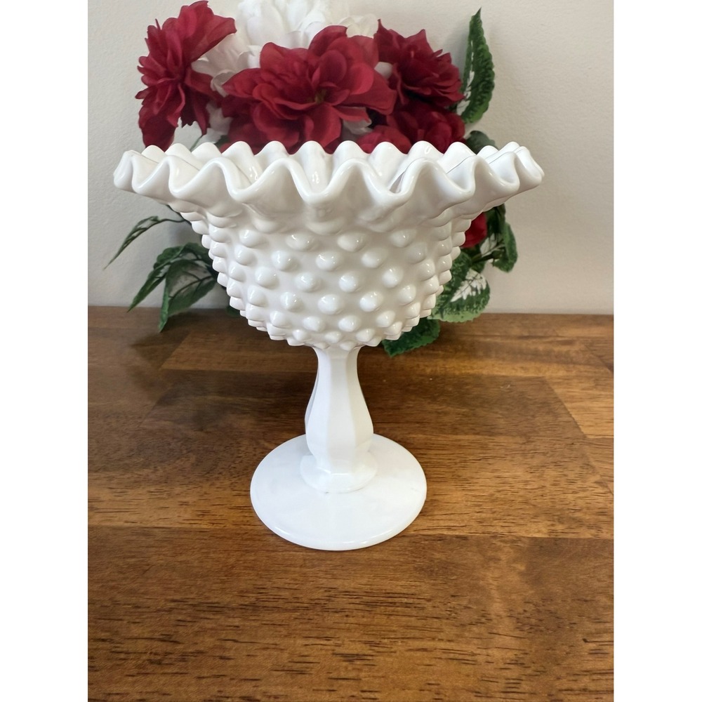 Vintage Milk Glass Hobnail Compote Ruffled Edge Pedestal Bowl Fenton Style MCM